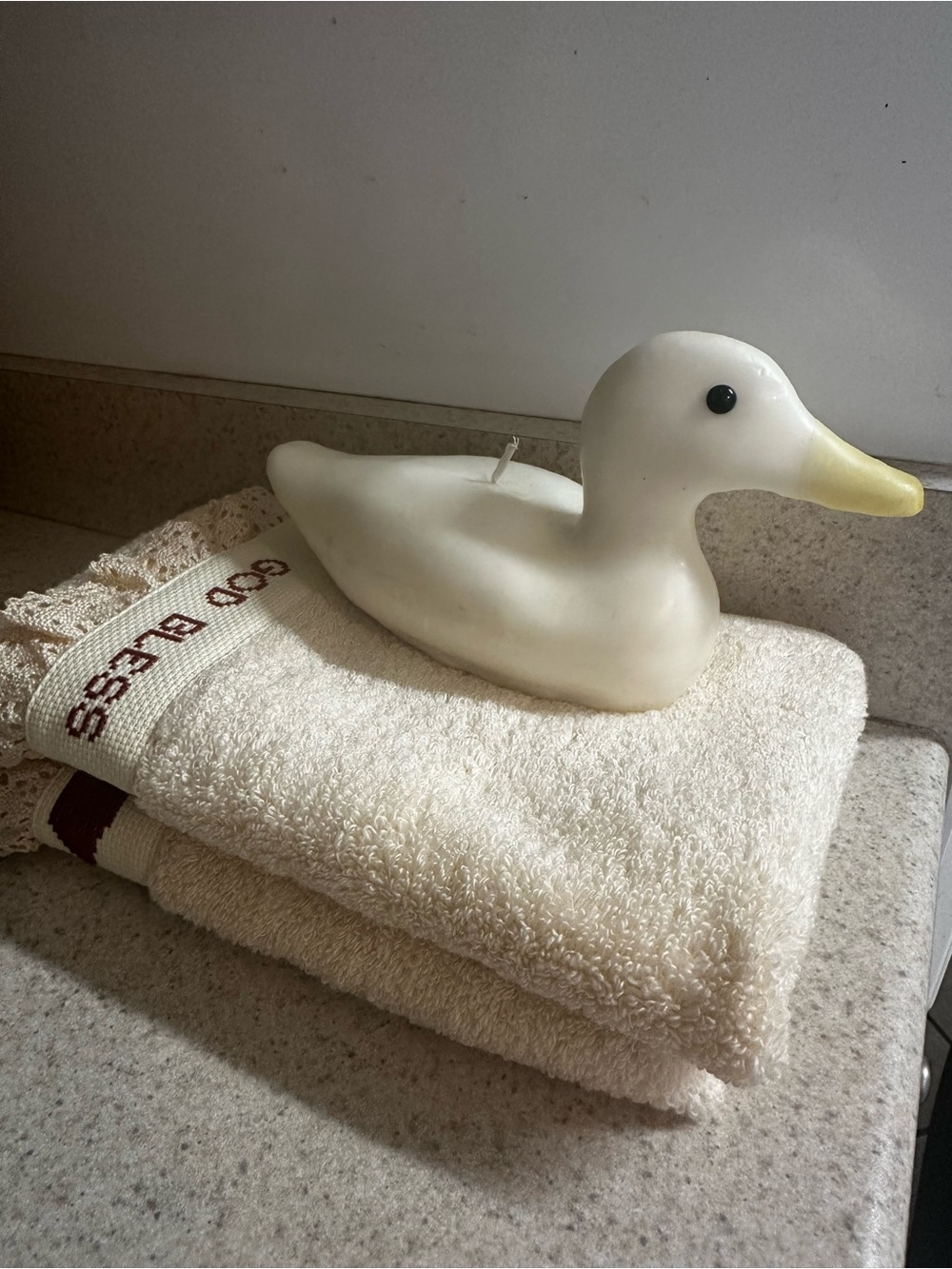 Vintage Decorative Duck Candle & Cross Stitch Towels Set